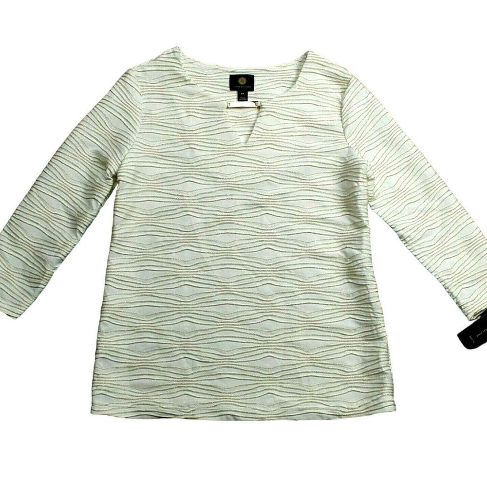 JM Collection Ivory Gold Metallic Winter White Top 0/2P Keyhole Neck Long Sleeve